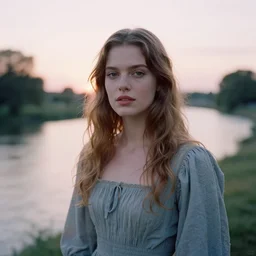 plate photography portrait of a stunningly beautiful english renaissance female, in soft dreamy light at sunset, beside a river, soft focus, contemporary fashion shoot, hasselblad nikon, by edward robert hughes, annie leibovitz and steve mccurry, david lazar, jimmy nelsson