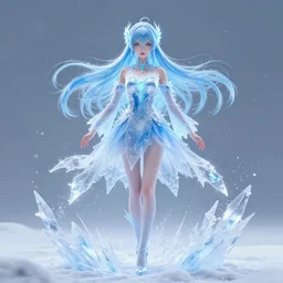 photorealistic full shot of masterpiece anime girl, posing, electric aura with particles, snowing frozen ice, darkness background, inspired by masami kurumada, akira toriyama, detailed, unreal engine 4 k, volumetric light, fog