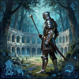 paladin in gladiatoral arena , forest clearing, in the style of Greg Broadmore and Arthur Rackham,trending on artstation, light lighting side view,digital art,surrealism ,macro,blueprint ,vaporwave ,