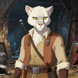 character portrait of a (((anthro albino mountain lion))) wearing miner's clothes at the mines. hidari, color page, tankoban, 4K, tone mapping, Akihiko Yoshida.