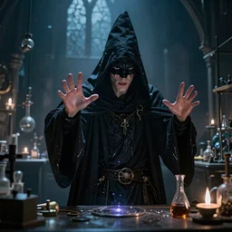 a beautiful panting of a dark blind wizard casting a spell, alchemist lab, hyperrealistic, cinematic atmosphere, epic, artstation, moebius