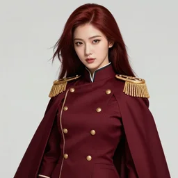 a highly detailed illustration of beautiful long dark red haired japanese woman wearing wine red epaulette uniform and coat cape, dramatic wielding strings pose, intricate, elegant, highly detailed, centered, digital painting, artstation, concept art, smooth, sharp focus, league of legends concept art, wlop