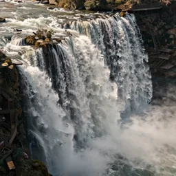 a stunning muted vaporwave waterfall eric lafforgue, isometric, volumetric lighting