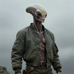beautiful fantasy character portrait, alien creature, wearing bomber jacket, ultra realistic, wide angle, dramatic lighting, highly detailed byfrazetta, simon bisley