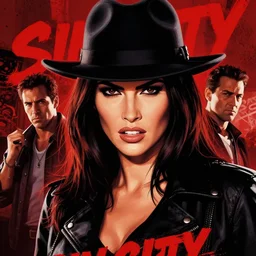 dream of a film still from sin city, closeup portrait of film noir angry megan fox private detective wearing a hat, detailed illustration, digital art, trending on artstation, frank miller, martin ansin, action movie poster, red on black, graffiti, gta v,