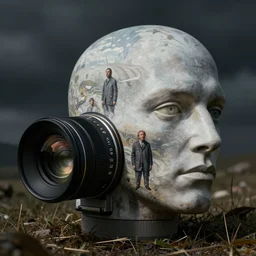 sci fi realistic camera lens in the shape of a head painted by h r giger and anders zorn and rotella surrealistic cinematic
