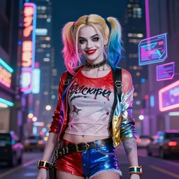 harley quinn standing, smiling softly, medium distance shot, cyberpunk setting, beautiful cityscape background, neon signs, vibrant colors, holograms, 4k, digital art