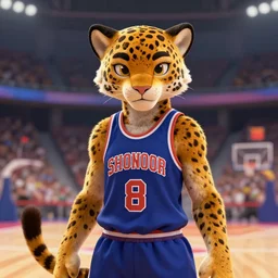 beautiful portrait of a female anthropomorphic jaguar fursona wearing a basketball uniform. basketball stadium background. character design by disney, charlie bowater, ross tran, artgerm, and makoto shinkai, detailed, soft lighting, rendered in octane