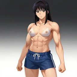 anime girl in shorts with muscles, highly detailed, muscular, digital art, pixiv fanbox, artstation, by greg rutkowski, wlop, miyazaki hayao