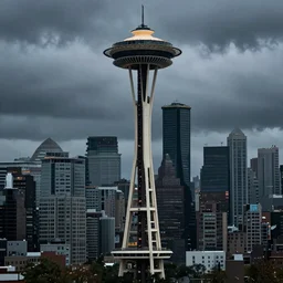 Seattle downtown with spaceneedle in cyberpunk style movie photo stormy weather