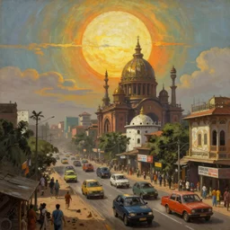 desertpunk steampunk dhaka city under twin suns, Dhaka traffic, Old Dhaka, Bangladesh, realistic painting, classical painting, high definition, digital art, matte painting, vibrant, mystical, fantasy art, very detailed, realistic