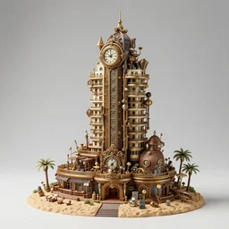 distant photo still of steampunk elaborate, complex miniature towering hotel beach resort sculpture by artist takanori aiba, 8 k, highly detailed, clockwork, intricate, studio lighting bright ambient lighting key light, 8 5 mm f 1. 8