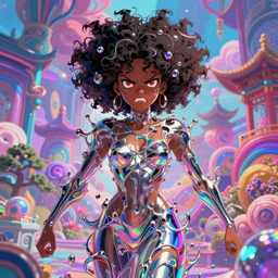 ultra detailed illustration of a angry afro american anime girl covered in a sea of iridecent liquid, chrome metal material, lost in a dreamy oriental realm by Karol Bak, Ruan Jia, Moebius, hiroshi yoshida, Druillet, colorful, front view, vivid colors, 8k, coherent, anime vibes, uplifting, magical composition, artstation, synthwave, 8k, coherent, artgerm, uplifting, unreal engine, magical composition, artstation