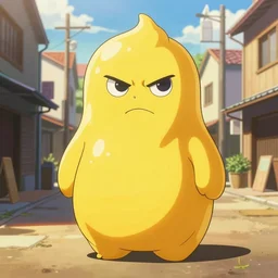 the mayo man, angular humanoid blob of mayonnaise, angry eyes, shaded out eyes, 2 0 0 1 anime, flcl, golden hour, japanese town, cel - shaded, strong shadows, vivid hues, y 2 k aesthetic