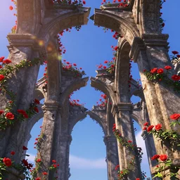 broken arches leading to the pillars of eternity draped with red flowers and vines, blue sky, lens flare, a sense of mystery, cinematic, ultra detailed, intricate, sharp focus, trending on artstation, film still by Pixar’s Up (2009), 8K