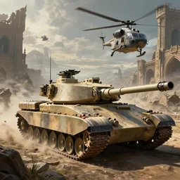 main battle tank and helicopter at war, in the ancient abandoned city epic scene, at middle earth, volumetric lighting, futuristic, intricate, highly detailed, digital painting, artstation, concept art, cinematic, smooth, sharp focus, illustration, unreal engine 5, 8 k, art by artgerm and greg rutkowski and alphonse mucha