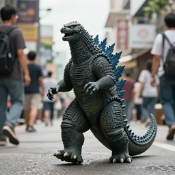 small Godzilla walking down a street full of people