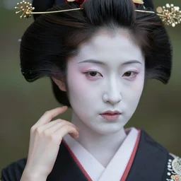 Geisha extreme closeup photo portrait, beautiful pale makeup, pearlescent skin, elegant pose, very detailed, highly detailed kimono, photorealism, artstation, different point of view, sharp focus, photorealistic, soft diffuse lights, canon 5D 50 mm lens, zen natural background, def of field