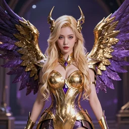a cute blonde woman in metlic site with gold and purple wings, by wenjun lin, by artem chebokha, by alena aenami, by ian llanas, 4 k, extremely coherent, highly detailed, sharp focus, slasher movies