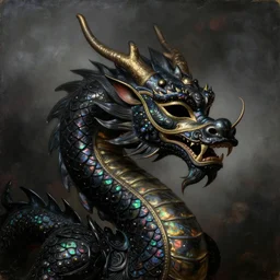 a baroque neoclassicist close - up painting of of an iridescent black chinese dragon creature wearing venetian carnival masks. foggy background. renaissance portrait painting. highly detailed science fiction painting by norman rockwell, frank frazetta, and syd mead. rich colors, high contrast, gloomy atmosphere, dark background. trending on artstation.