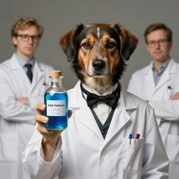 an aristocratic dog dressed as a scientist holds a modern transparent little bottle filled with vivid blue iridescent liquid, the main ingredient company is written on the bottle, art highly detailed, by frank frazetta, keith parkinson and greg rutkowski and aleksandra skiba, concept art,