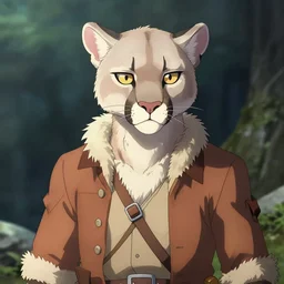 character portrait of a anthro! albino mountain lion wearing miner's clothes. hidari, color page, tankoban, 4K, tone mapping, Akihiko Yoshida.