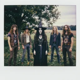 1969, witchcraft, psychedelic hippies, goths, long-haired witch, coven, rockers, rural New York, Polaroid