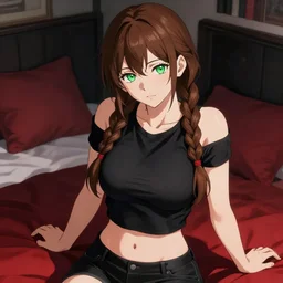 sexy girl with braided brown hair and green eyes, wearing a crop top, sitting on her bed, black and red colors, highly detailed, in the style of and ilya kuvshinov and greg rutkowski, high quality anime artstyle, intricate