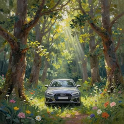 oil painting depicting a beautiful forest, there are flowers, big oak trees, grass, there is an audi a4 standing in the middle facing the camera, the sun is shining through the leaves, godrays, fantasy