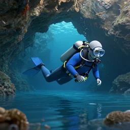 cave diver, water flooded, Render 3d