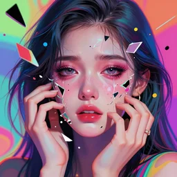 young woman, gorgeous face, vaporwave aesthetic, synthwave, colorful, psychedelic, broken, pieces flying off the face, beaten, sadness, crying, inner strength, holding onto, powerful eyes, artstation, concept art, smooth, extremely sharp detail, finely tuned detail, 8 k, ultra sharp focus, illustration, art by artgerm and greg rutkowski and alphonse mucha