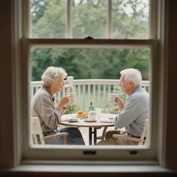view through a window with an older couple sitting on their patio deck drinking coffee in the morning, by cathy brown