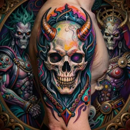 hyper detailed masterpiece demon skull evil tattoo warrior by donato giancola and tom bagshaw, face by artgerm and edmund leighton, and h. r. giger, trending on artstation, colorful, psychedelic aesthetic, ornate, background by james jean, 8 k, biomechanical, majestic, volumetric lighting, porcelain skin, concept art, sharp focus