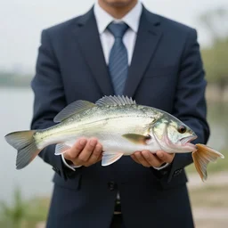 A fish wearing a suit and tie, ready for a meeting, outdoors business portrait, close