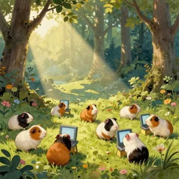 guinea pigs working on tiny cute computers, illustration in the style of Beatrix Potter