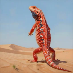 a oil painting of a giant red lizard standing tall among the sand dunes, 8 k, hyper realistic,