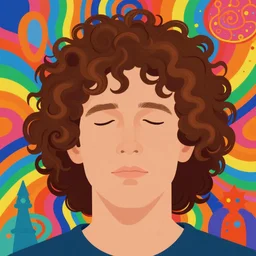 a colorful vibrant closeup portrait of a simple caucasian man with curly mid length brown hair with a calm aesthetic face dreaming psychedelic hallucinations, by kawase hasui, moebius, edward hopper and james gilleard, zdzislaw beksinski, steven outram colorful flat surreal design, hd, 8 k, artstation