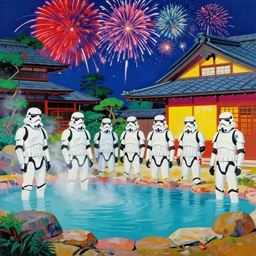 stormtroopers in hot springs next to a traditional japanese house and garden, fireworks in the sky, by andy warhol, by roy liechtestein, canvas, acrylic paint, saturated, ultra - hd