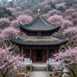 a mysterious chinese temple in the deep forest, surrounded by many peach blossoms, a clear stream flowing through, by yoshida hiroshi