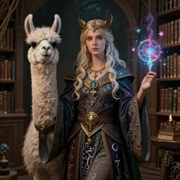 a llama sorceress in a magical library, d & d character art, intricate robes, mystical runes, magical spells, glowing, fantasy, highly detailed digital illustration, beautiful, hyperrealistic, greg rutkowski, trending on artstation