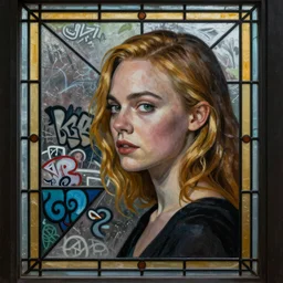 Elle Fanning on the other side of a stain glass window picture by Sachin Teng, asymmetrical, dark vibes, Realistic Painting , Organic painting, Matte Painting, geometric shapes, hard edges, graffiti, street art:2 by Sachin Teng:4