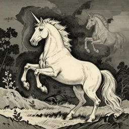 unicorn by woodblock print, nicolas delort, moebius, victo ngai, josan gonzalez, kilian eng