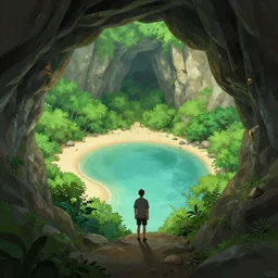 Fantasy illustration by Clyde Caldwell You step to the edge of the rocky opening and peer over. You see a tranquil pool of water and a sandy beach 20 feet below. The opening’s bottom leads to a cave, its verdant flora a stark contrast to the rocky sides. You hear chirruping animals sounds emanating from the opening.