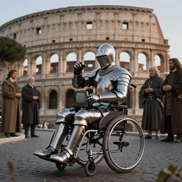 knight in rich armor in a wheelchair do tricks & watch old tv, rome, highly detailed, soft lighting, elegant, by edward hopper and james gillard, zdislaw beksinski, stephen outram, andreas m wiese, carl spitzweg, highly detailed, masterpiece, unreal 6, 8 k