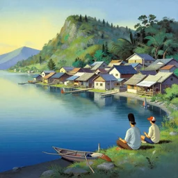 fishing village by the lake, beautiful matte painting, brian froud, yoshitaka amano, kim keever, victo ngai, james jean.