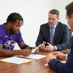 lamar jackson at a negotiating table tearing the ravens contract proposal apart, team executive very upset