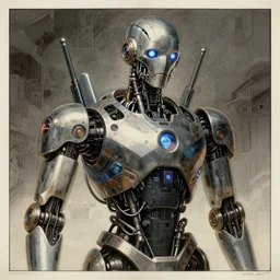 cyberpunk robot, character portrait, portrait, close up, concept art, intricate details, soft glow, highly detailed, vintage sci - fi poster, in the style of chris foss, rodger dean, moebius, michael whelan, and gustave dore