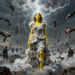 A portrait of a woman wearing clothes made out of thunder clouds and flowers, hundreds of people floating still in air, apocalypse, yellow skin, Masterpiece, glowing, wires everywhere, by Edgar Maxence and Ross Tran, Zdzisław Beksiński, and Michael Whelan, distant, gustav dore, H.R. Giger, 8k, octane render