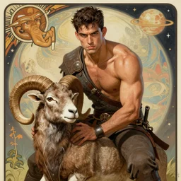 ruggedly handsome male warrior subduing a ram by artgerm, greg rutkowski, mucha, handsome brazilian man, mars planet halo, digital oil paining art nouveau. gloomhaven. gleaming colors. sharp edges. clear detailed. 8 k. intricate elegance