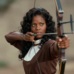 the image is a lost hollywood film still 1 9 9 0 s photograph of a guardian priestess black woman with dark brown skin, long, swirling black hair, and jade colored eyes, practicing archery. vibrant cinematography, anamorphic lenses, crisp, detailed image in 4 k resolution.